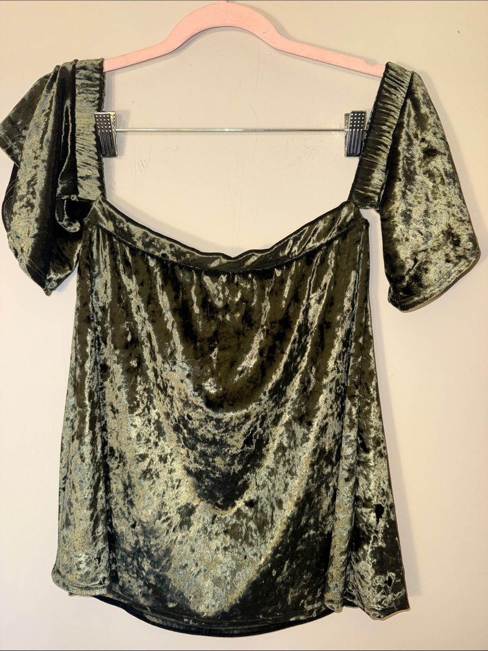 Potter's Pot Olive Green Crushed Velvet Off-Shoulder Top